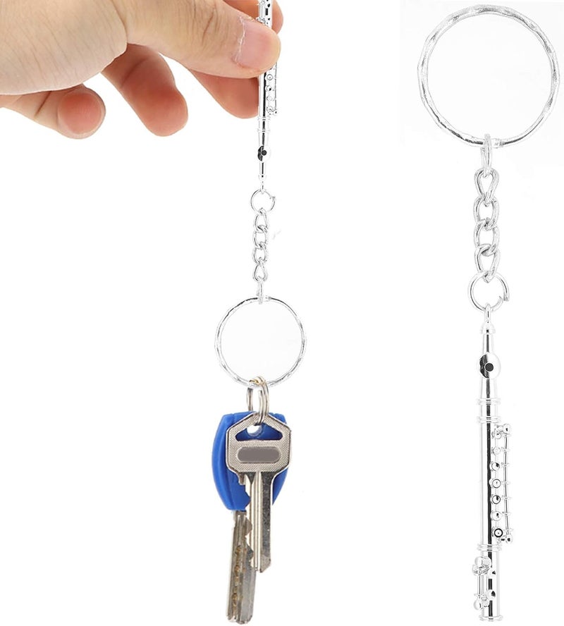 Kodrily Metal Flute Keychain Ornament, Mini Musical Instrument Key Rings, Silver Flute Key Necklace with Ring, Musical Instrument Keyrings for Keys Decoration, 4.3in - Image 2